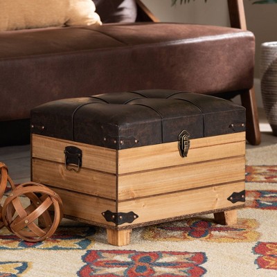 Edmund Rustic Oak Brown Faux Leather Storage Ottoman