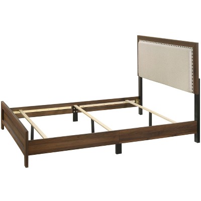 NicBex Wood Bed Frame with Upholstered Tufted Nailhead Headboard for Adults,Boys,Girls,Brown/Gray