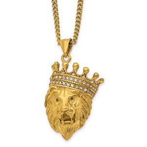 Chisel Stainless Steel Yellow IP-plated with Cubic Zirconia Crown Lion Pendant on a 22" Plus a 1.75" Ext. Curb Chain Necklace - 1 of 4