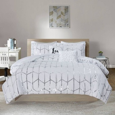 Intelligent Design Twin/Twin XL 4pc Arielle Metallic Printed Comforter Set White/Silver: Hypoallergenic Geometric Bedding, Microfiber, Contemporary — фото 4
