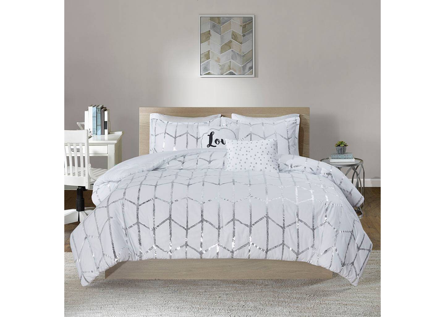Комплект с одеялом Intelligent Design Twin/Twin XL 4pc Arielle Metallic Printed Comforter Set White/Silver: Hypoallergenic Geometric Bedding, Microfiber, Contemporary, цвет: Белый — фото 4