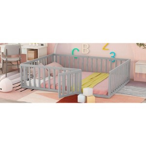 NicBex Queen Size Wood Montessori Bed with Safety Fence,Floor Bed Frame with Door,Modern Toddler Bed for Bedroom,Gray - 1 of 4