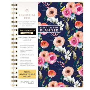DELUXE ESSENTIAL PRO Undated Daily, Weekly/Monthly Planner,Tabs,Notes Pages,Storage Pocket,Bookmark (Small Navy Floral) - 1 of 4