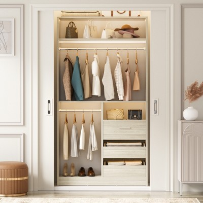 Besiost 36-In Closet Organizer with Wood Drawers, Freestanding Closet System with Hanging Rods