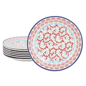 Gibson Home Village Vines Floral 8 Piece 7.4 Inch Fine Ceramic Dessert Plate Set in White and Red