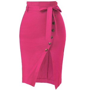 Allegra K Women's Vintage Button Decor Belted Split Front Knee Length Pencil Skirt - 1 of 4