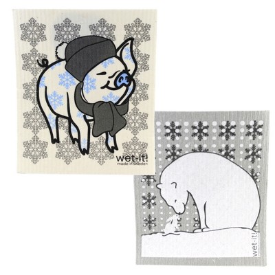 Swedish Dish Cloth 7.75" Winter Pig & Cuddly Polar Bear Snowflakes Friends  -  Dish Cloth