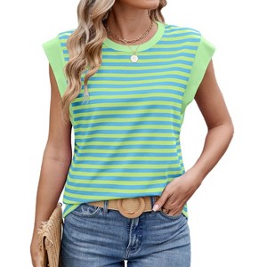 Clearlove Womens Tops Summer Cap Sleeve Pullover Crew Neck Tank Tops Basic Tee Shirts Casual Striped Loose Fit Clothes - 1 of 4
