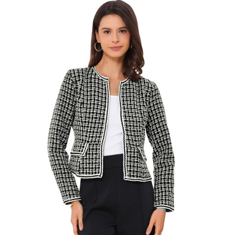 INSPIRE CHIC Women's Long Sleeve Open Front Work Office Short Plaid Tweed Blazer Purple Medium