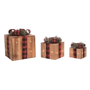 Transpac Wood 10 in. Multicolor Christmas Light Up Gift Boxes with Bow Set of 3 - 1 of 2