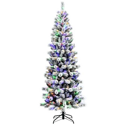 Costway 7.5FT Pre-Lit Hinged Christmas Tree Snow Flocked w/9 Modes Remote Control Lights