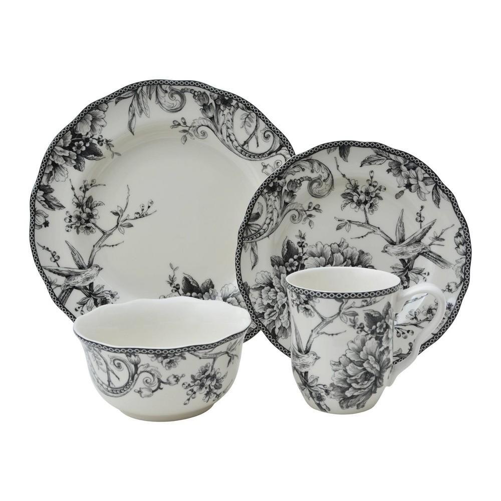 Photos - Glass 16pc Porcelain Adelaide Dinnerware Set Black - 222 Fifth: Floral Round Dish Set, Microwave & Dishwasher Safe