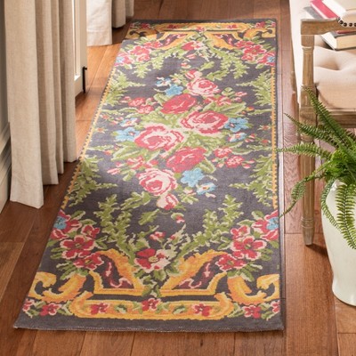 Grey and Rose Floral Synthetic Runner Rug, 2'3" x 8'