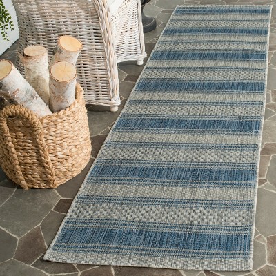 Gray and Navy Flat Woven Synthetic Runner Rug, 2'3" x 8'