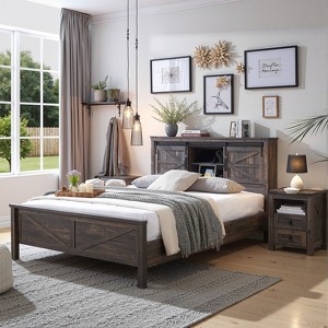 SinCiDo Farmhouse Full Size Bed Frame w/Storage Bookcase Headboard & Charging Station, Wood Platform Bed w/Wood Slat Support - 1 of 4