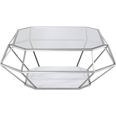 55 Downing Street Modern Polished Stainless Steel Geometric Coffee Table 39 1/2" Wide Silver Glass for Living Room Entryway Office