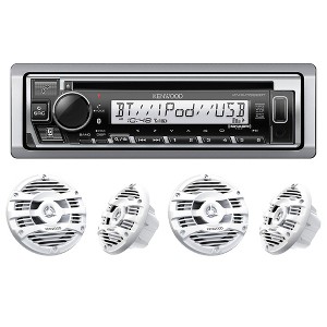 Kenwood KMR-D382BT Marine CD Receiver Compatible w/ Bluetooth with 2 Pairs of KFC-1653MRW 6.5" 2-way Marine Speaker System (White) - 1 of 4