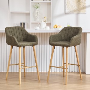 Modern Bar Stools Set of 2, Kitchen Island Tall Chairs with Back, Arm, Footrest and Solid Wood Leg, Linen Fabric Upholstered Bar Stools - 1 of 4