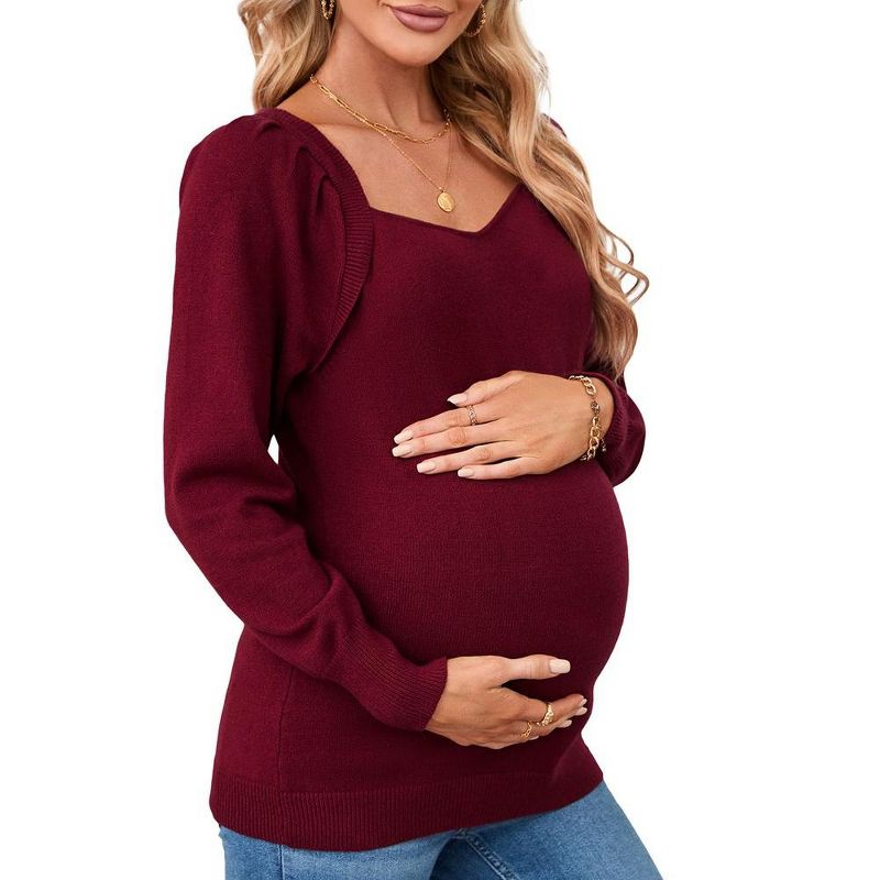 Women's Maternity Tops Casual V Neck Sweaters Puff Long Sleeve Ribbed Knit Fall Pregnancy Babydoll Pullover Sweater, 1 of 8