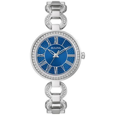 Bulova Ladies' Silver Stainless Steel Crystal Accent Quartz Watch, Blue Dial, 32mm