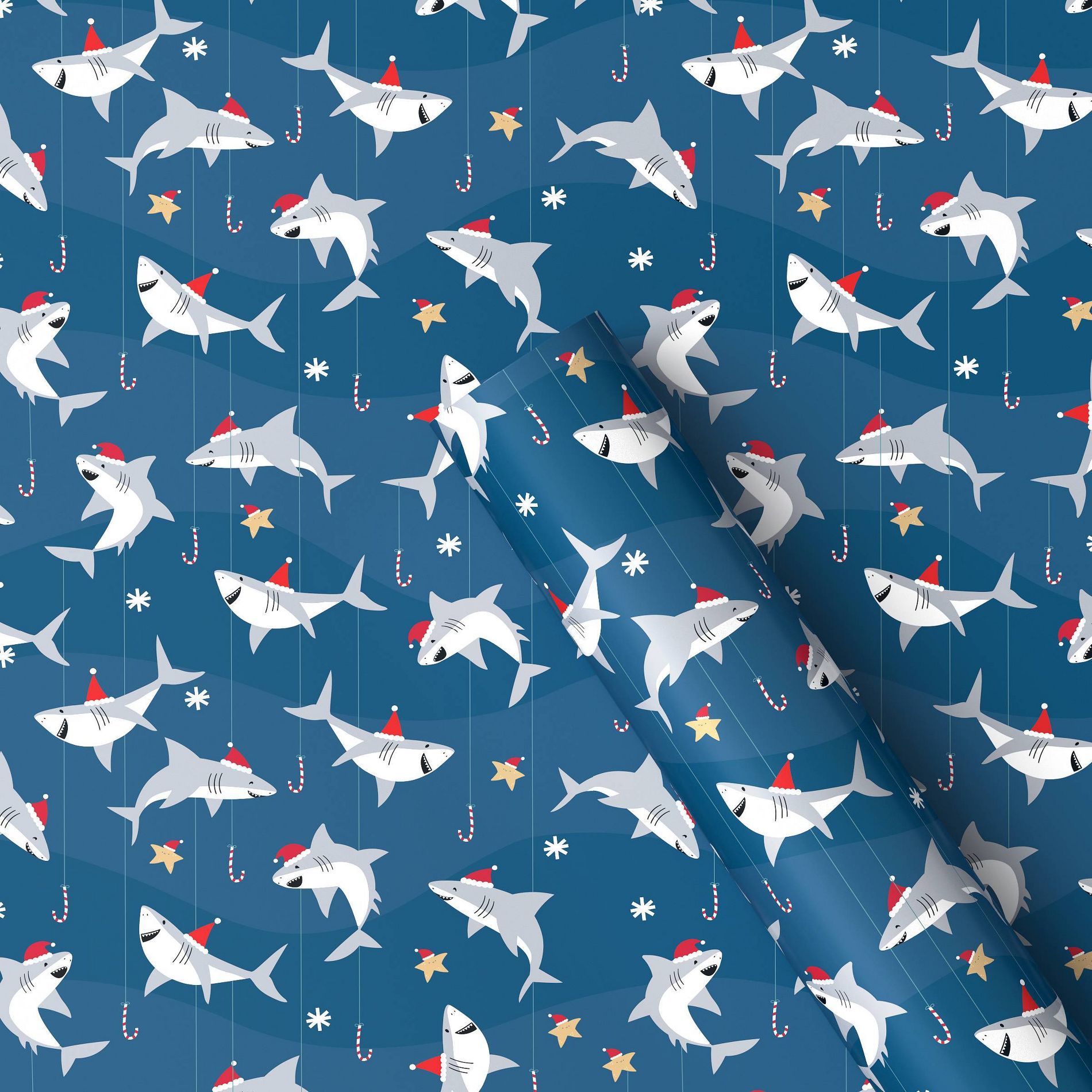 30" 50 sq ft Christmas Gift Wrapping Paper Sharks with Candy Canes - Wondershop™