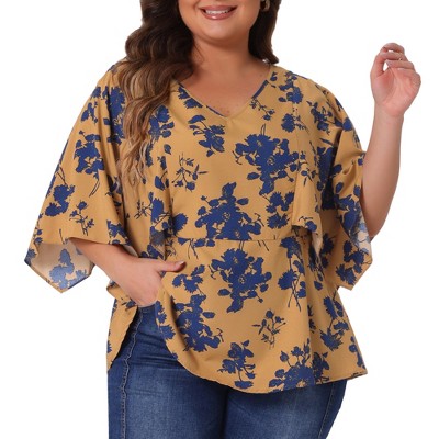 Agnes Orinda Women's Plus Size Summer Casual V Neck Flowy 3/4 Sleeve Babydoll Blouses