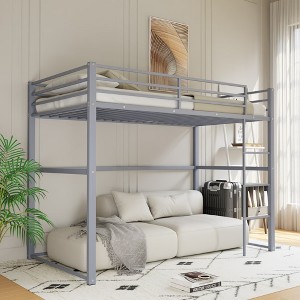 MAYEERTY Twin Size Metal Loft Bed, Loft Bed Frame with Safety Guard Rails & Flat Ladder, for Kids Teens Adults, Gray - 1 of 4