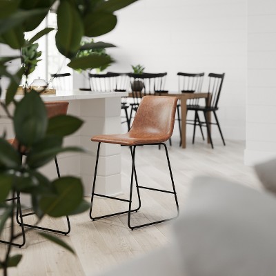 Merrick Lane Light Brown Faux Leather Counter Stools with Metal Legs, Set of 2