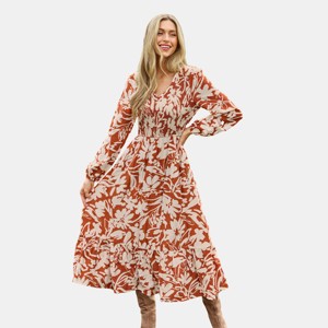 Women's Burnt Orange Terracotta Floral Puff Sleeve Midi Dress - Cupshe - 1 of 4