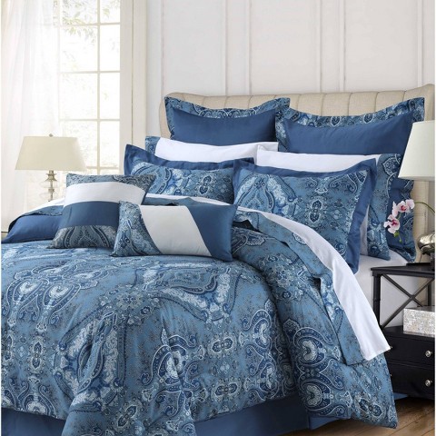 Tribeca Living 12pc Queen Atlantis 300tc Cotton Sateen Bed in a Bag with Deep Pocket Sheet Set Assorted Blues - Tribeca Living: Paisley Pattern, Zipper Shams
