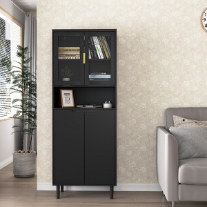 MAYEERTY Tempered Glass Door Tall Bookcase with Adjustable Shelves, 4-Door MDF Painted Cabinet in Black for Living/Bedroom - 1 of 4