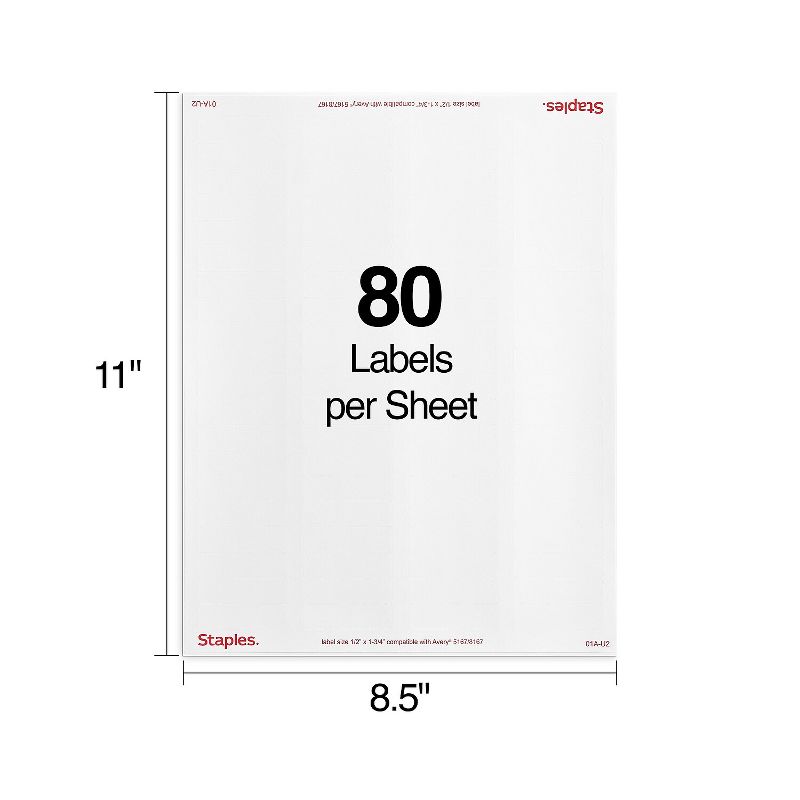 Staples Laser/Inkjet Shipping Labels 0.5"W x 1.75"L White 80 Labels/Sheet 18056/SIWO090, 3 of 6