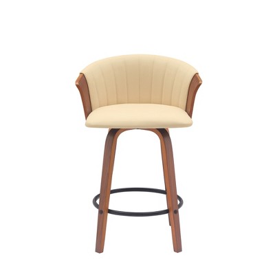 HomeRoots 26" Cream and Wood Brown Faux Leather with Solid Wood Swivel Counter Height Bar Chair
