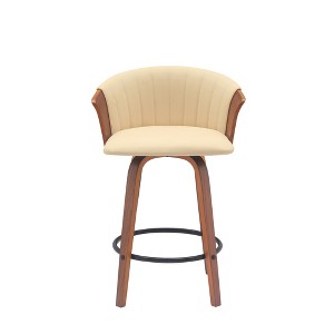 HomeRoots 26" Cream and Wood Brown Faux Leather with Solid Wood Swivel Counter Height Bar Chair - 1 of 4