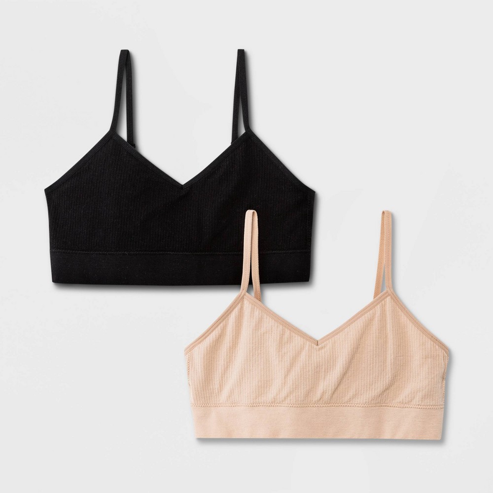 Girls' Solid 2pk Ribbed Longline Bra - art class™ Black XL