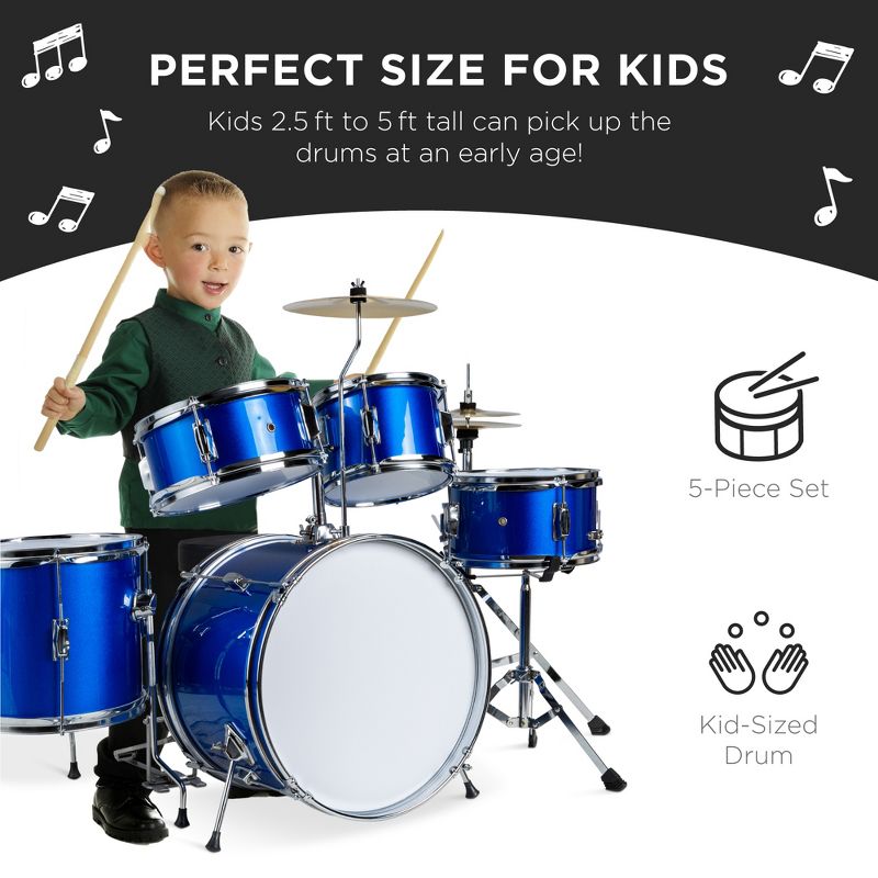 Best Choice Products 5-Piece Kids Beginner Junior Size Drum Set, Percussion Instrument Starter Kit w/ Stool, 2 of 8