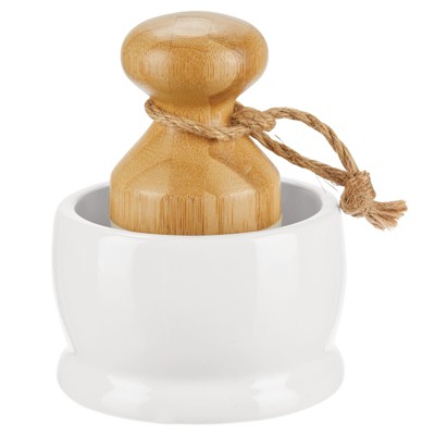 mDesign Bamboo Mini Kitchen Palm Dish Scrubber Brush with Holder - White/Natural