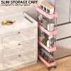 LunaLulinlk 4 Tier Slim Rolling Storage Cart, Slim Cart Kitchen Storage Organizer Rolling Utility/ Mobile Shelving Unit Slide Out Storage Cart, Pink - 3 of 4