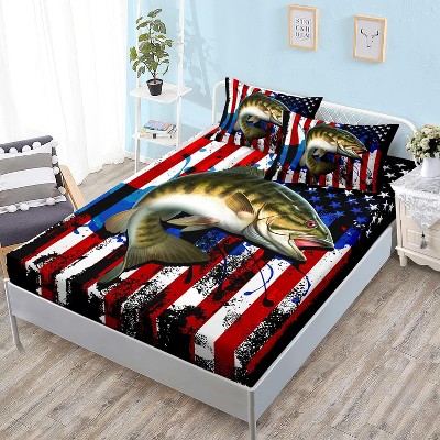 Acoinel 3 Pcs Big Pike Fish and American Flag Lightwight Ultra Soft Comforter Set with 2 Pillowcases, Black