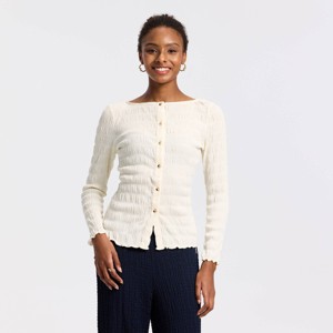 Women's Long Sleeve Boat Neck Crinkle Top - A New Day™ Cream XXL