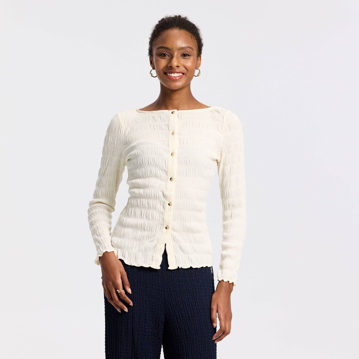 Women's Long Sleeve Boat Neck Crinkle Top - A New Day™ - thumbnail 5