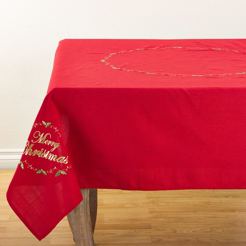 Saro Lifestyle Merry Christmas Embroidered Design Holiday Tablecloth, 54"x54", Red, 2 of 5