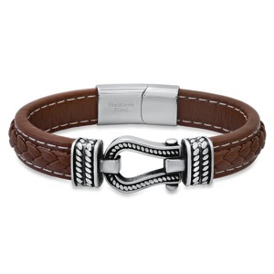 Steeltime Men's brown braided inlay leather and stainless steel/black ip horseshoe bracelet - 1 of 4
