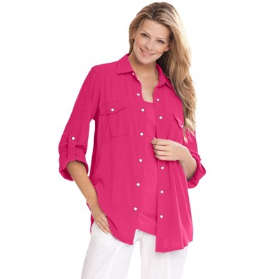 Woman Within Women's Plus Size Cotton Gauze Bigshirt - 26/28, Raspberry ...