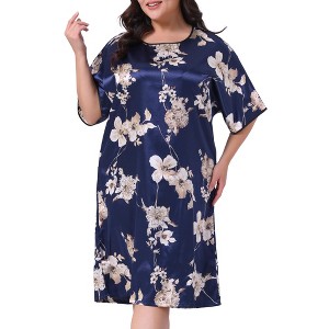 Women's Plus Size Satin Floral Print Short Sleeve Round Neck Midi Nightgown - Agnes Orinda - 1 of 4