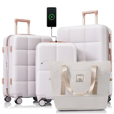 Whisen Luggage Sets 4 Piece, 20-inch with USB Port, Expandable ABS Durable Suitcase with Travel Bag, Cup Holder, ABS Hard Shell Luggage