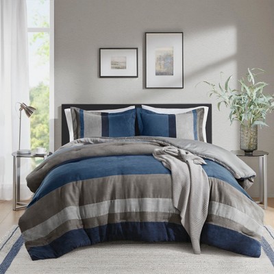 2 Piece Luxe Microsuede, Pieced Design Color Block Stripes Bedding Comforter Sets, Winter Soft Brushed Microfiber Reverse, Matching Sham