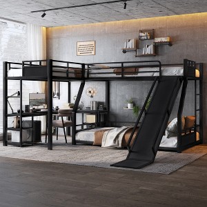 TIRAMISUBEST Twin/Twin XL Bunk Bed & Loft Bed, Metal Triple Bed Frame with Slide, L-Shaped Desk & Storage Shelves - 1 of 4