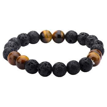 Men's Steel Art Black Lava and Brown Tiger Eye Beads Beaded Bracelet (8.5")