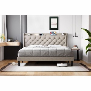 Acekool Queen Platform Bed Frame with Rustic Wood Headboard, 4 Storage Drawers & Metal Frame - 1 of 4